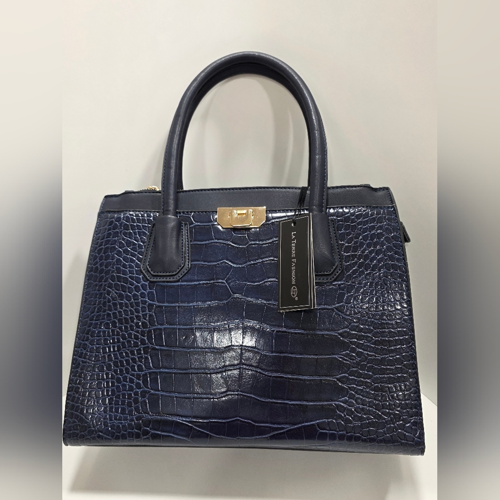 Navy Vegan Leather Crocodile-Embossed Satchel NWT